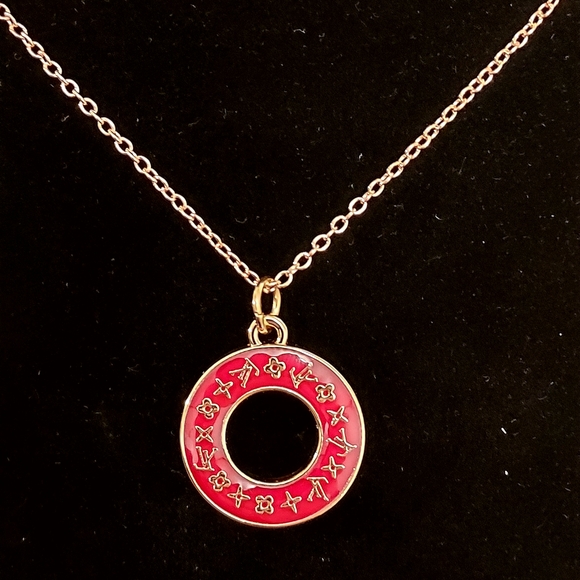 Upcycled Jewelry - Upcycled Designer Brand Red and Gold Circle Pendant Necklace#27